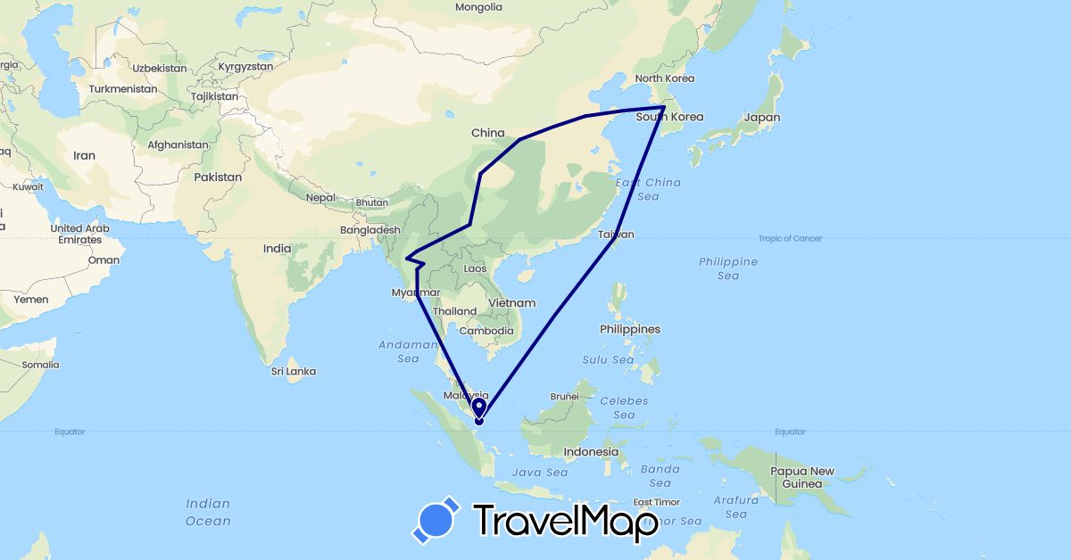TravelMap itinerary: driving in China, South Korea, Myanmar (Burma), Singapore, Taiwan (Asia)